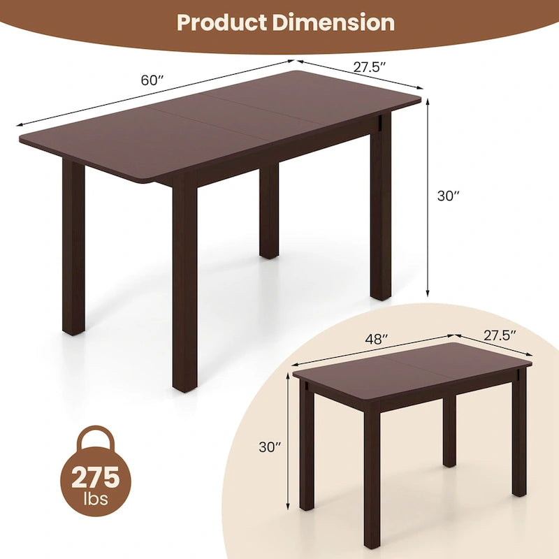 Extendable Folding Rubber Wood Dining Table, Cherry - Seats 4-6