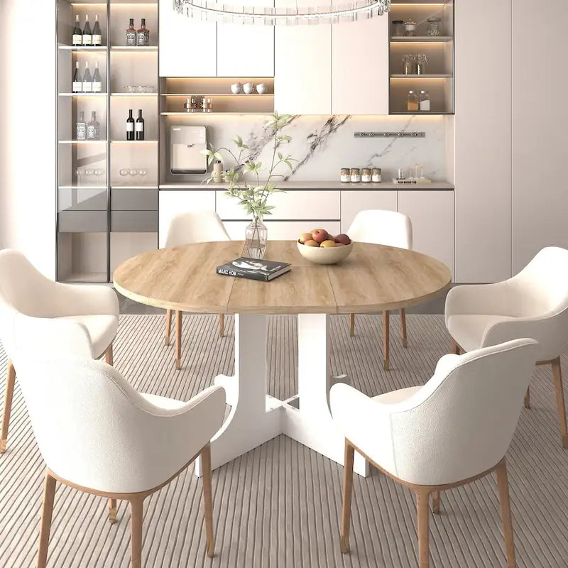 Elegant Farmhouse Round Dining Table with Adjustable Length and X-Base Be Used for Modern Dining Room