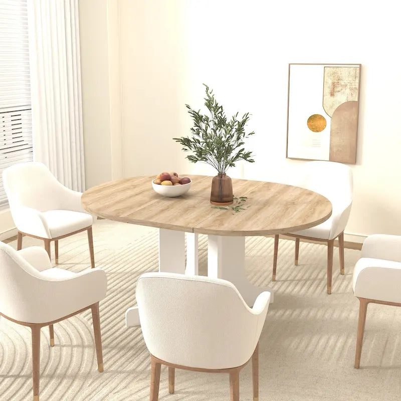 Elegant Farmhouse Round Dining Table with Adjustable Length and X-Base Be Used for Modern Dining Room