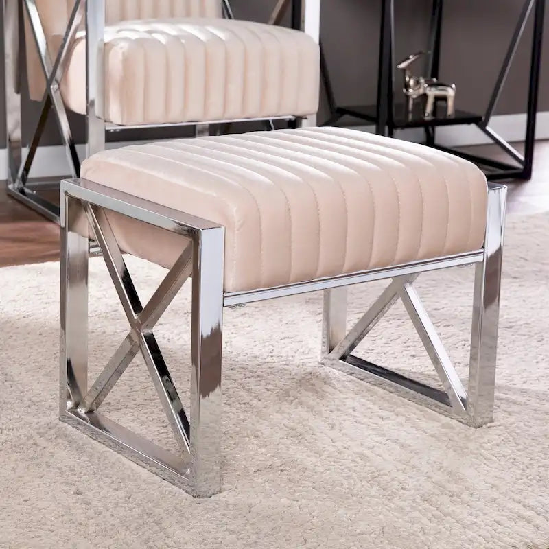 Channel-Tufted Fabric Ottoman with Metal X-Frame