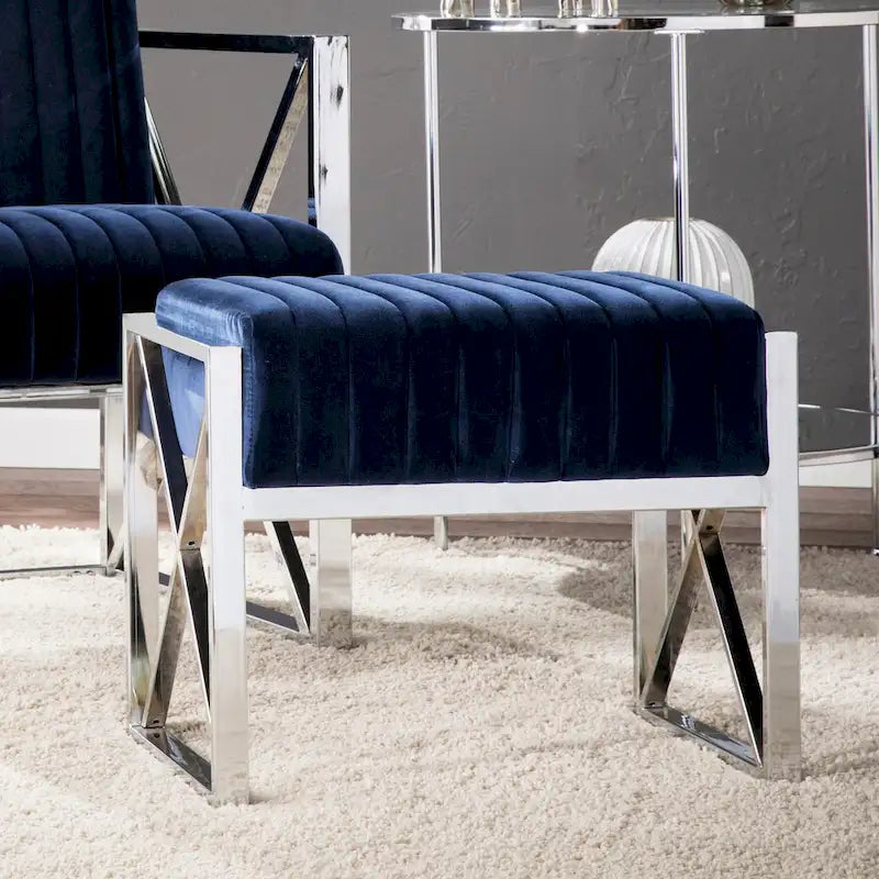 Channel-Tufted Fabric Ottoman with Metal X-Frame