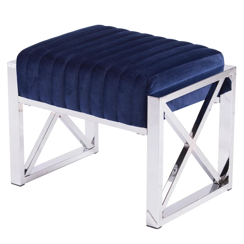 Channel-Tufted Fabric Ottoman with Metal X-Frame