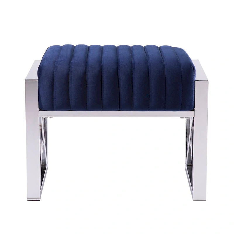 Channel-Tufted Fabric Ottoman with Metal X-Frame