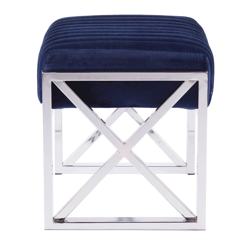 Channel-Tufted Fabric Ottoman with Metal X-Frame