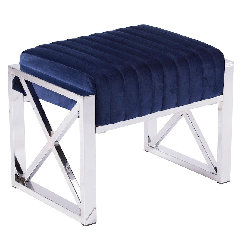 Channel-Tufted Fabric Ottoman with Metal X-Frame