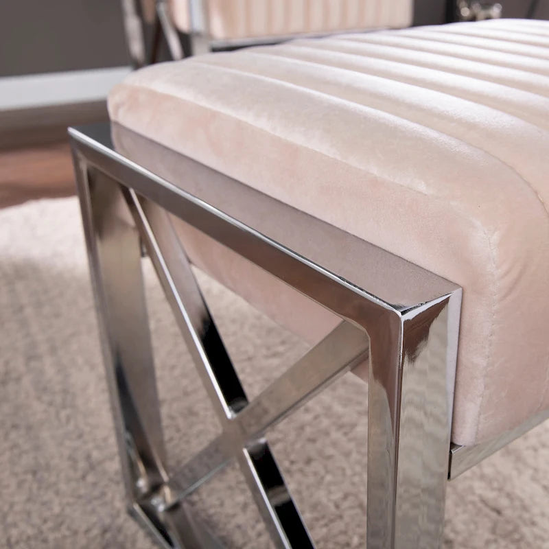 Channel-Tufted Fabric Ottoman with Metal X-Frame