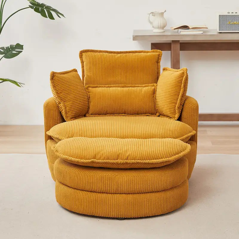 Oversized Swivel Barrel Chair with moon storage ottoman