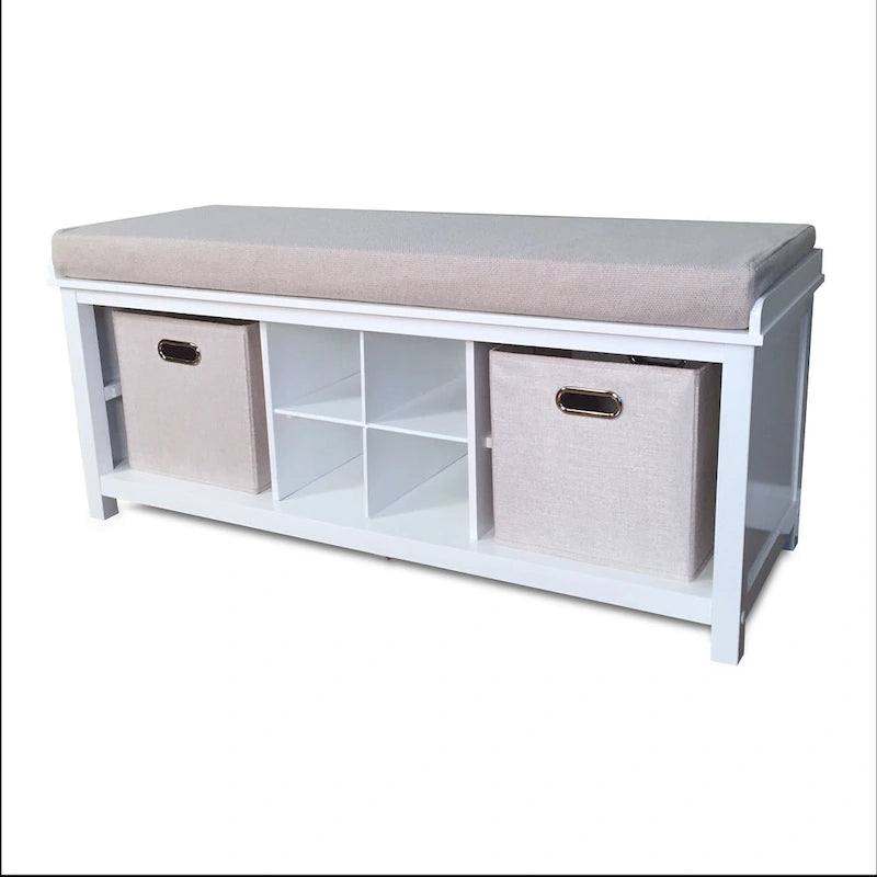 Solid Wood Entryway Bench with 4 Shoe Cubbies, White