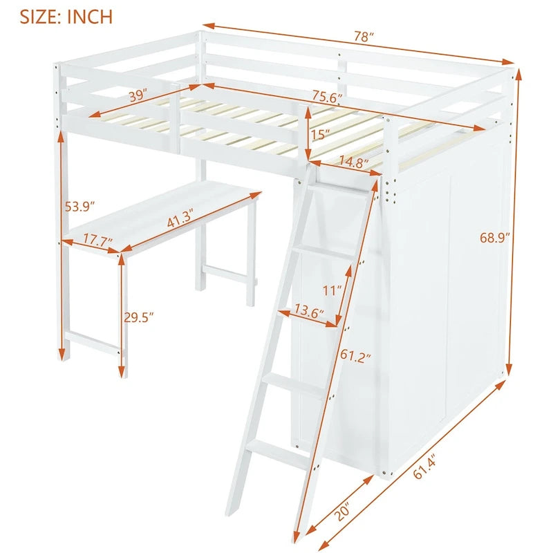 Loft Bed with Wardrobe, Desk, and Shelves