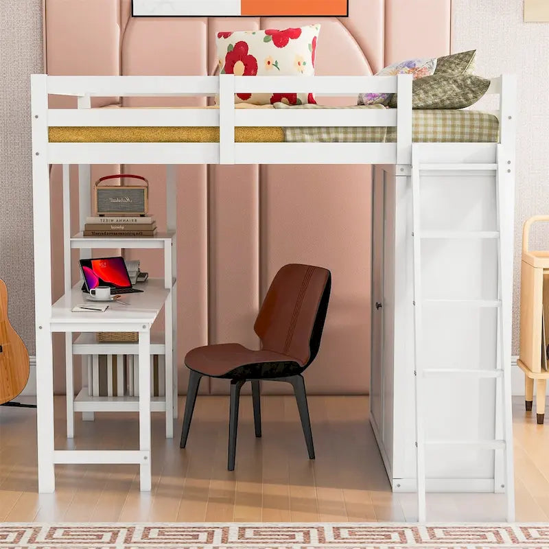 Loft Bed with Wardrobe, Desk, and Shelves