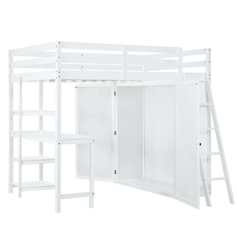 Loft Bed with Wardrobe, Desk, and Shelves