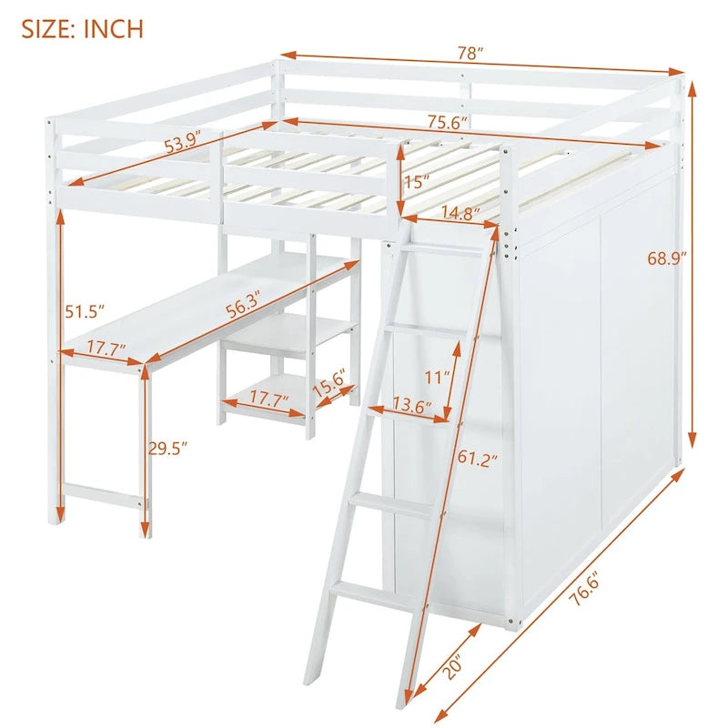 Loft Bed with Wardrobe, Desk, and Shelves