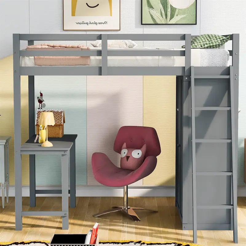 Loft Bed with Wardrobe, Desk, and Shelves