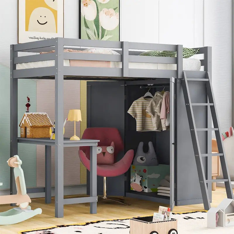 Loft Bed with Wardrobe, Desk, and Shelves