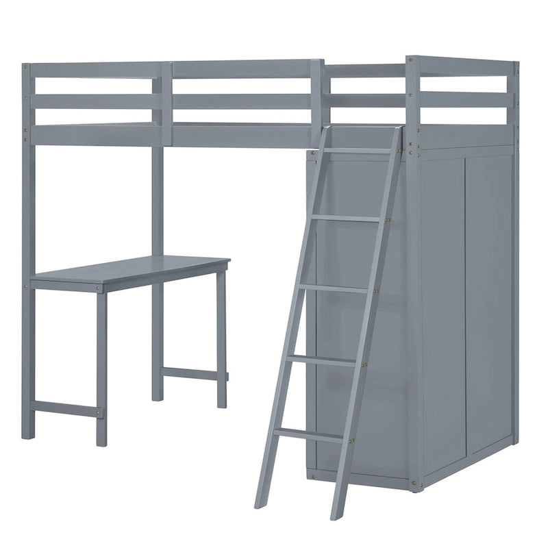 Loft Bed with Wardrobe, Desk, and Shelves