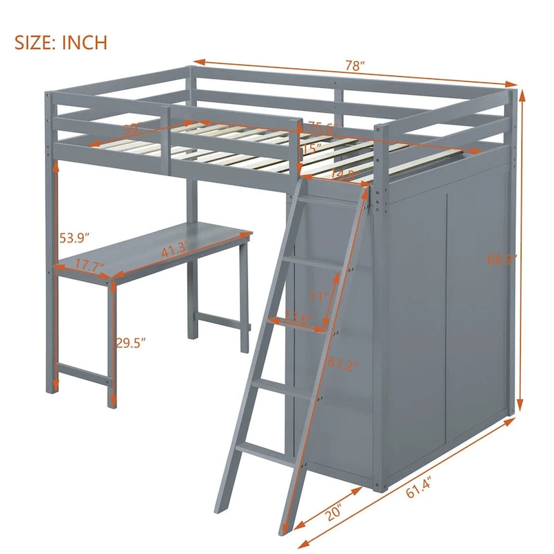 Loft Bed with Wardrobe, Desk, and Shelves