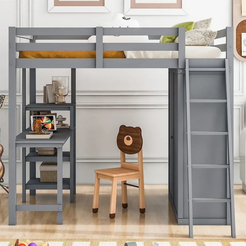 Loft Bed with Wardrobe, Desk, and Shelves