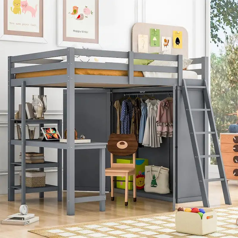 Loft Bed with Wardrobe, Desk, and Shelves