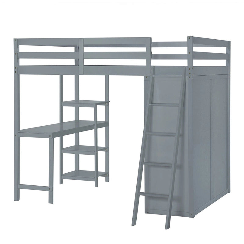 Loft Bed with Wardrobe, Desk, and Shelves
