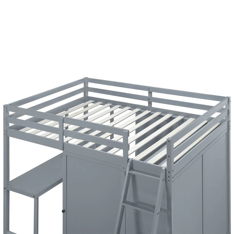 Loft Bed with Wardrobe, Desk, and Shelves