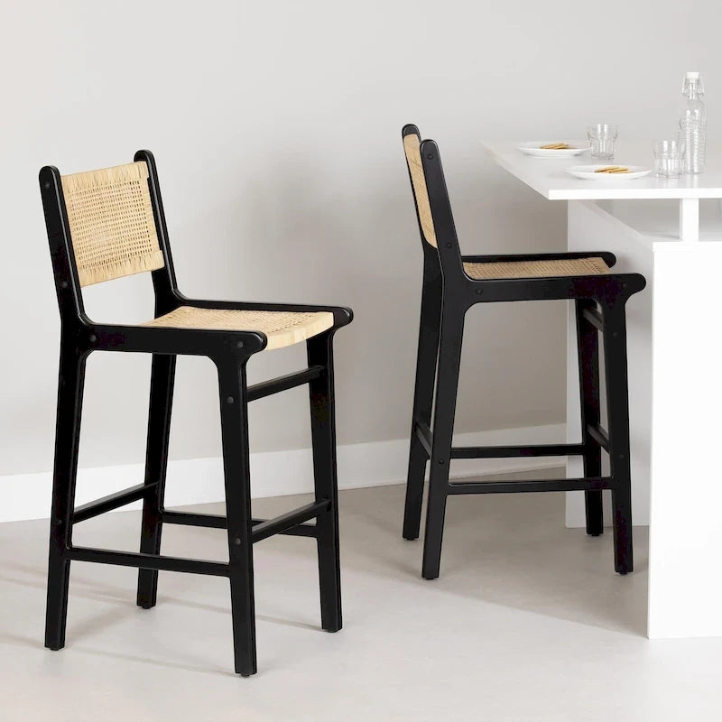 Rattan Boho Bar Stools with Footrest, Set of 2