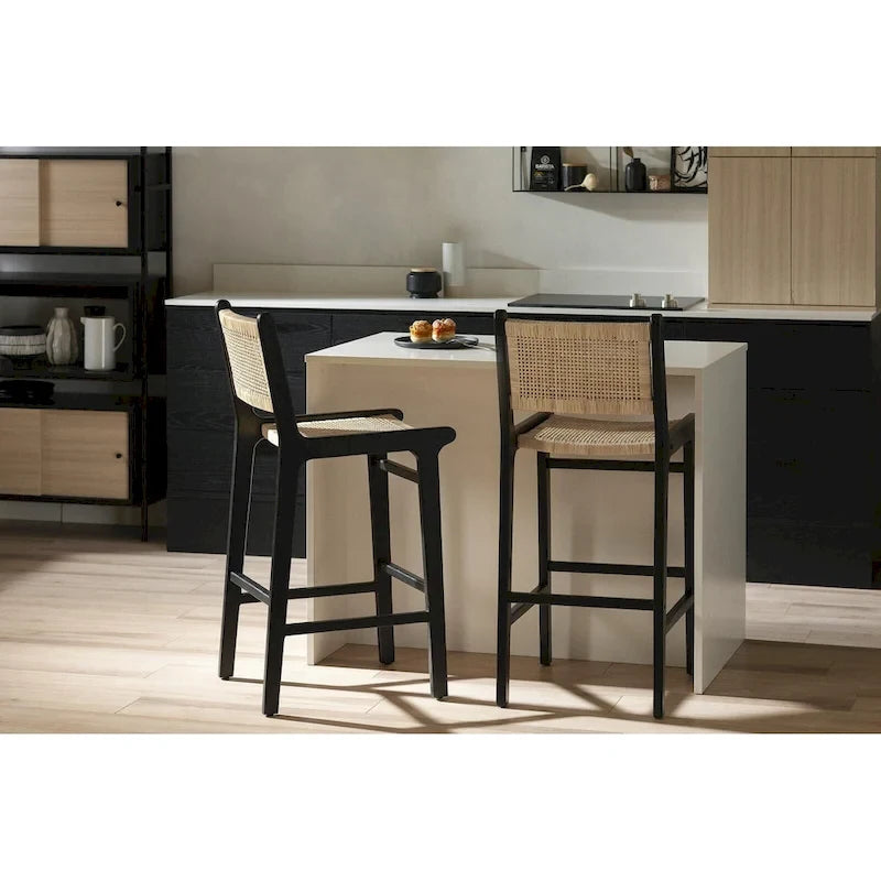 Rattan Boho Bar Stools with Footrest, Set of 2