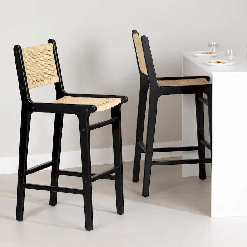 Rattan Boho Bar Stools with Footrest, Set of 2