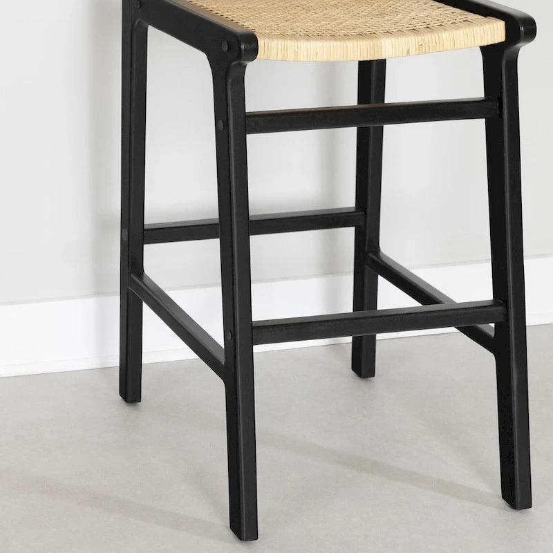 Rattan Boho Bar Stools with Footrest, Set of 2