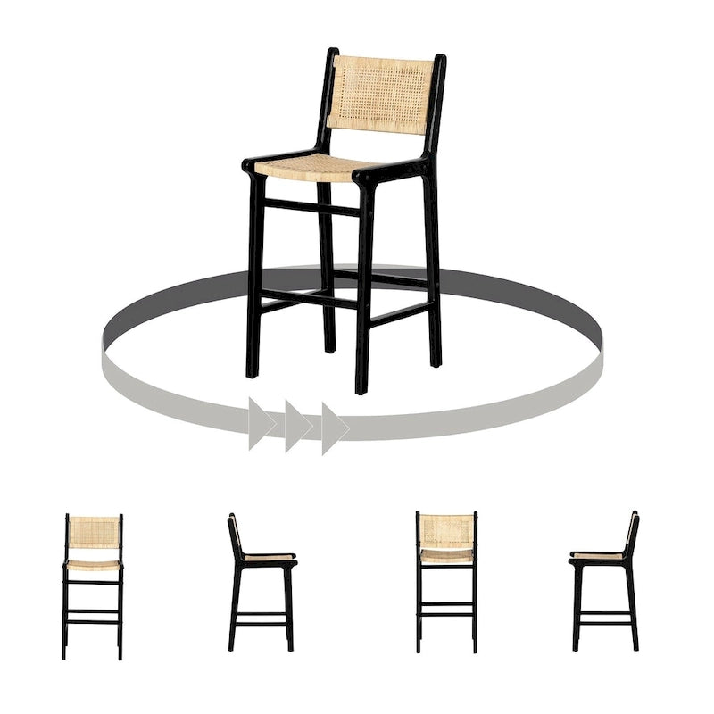 Rattan Boho Bar Stools with Footrest, Set of 2