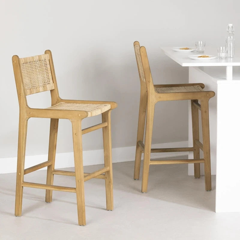 Rattan Boho Bar Stools with Footrest, Set of 2