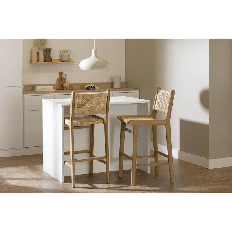Rattan Boho Bar Stools with Footrest, Set of 2