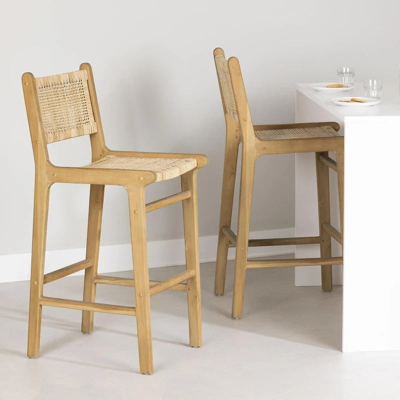 Rattan Boho Bar Stools with Footrest, Set of 2