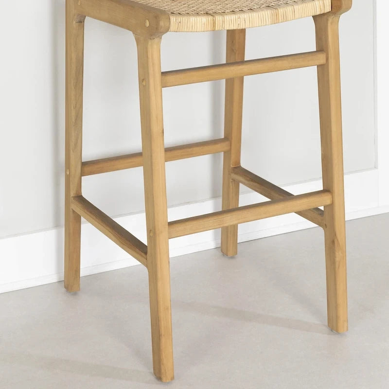 Rattan Boho Bar Stools with Footrest, Set of 2