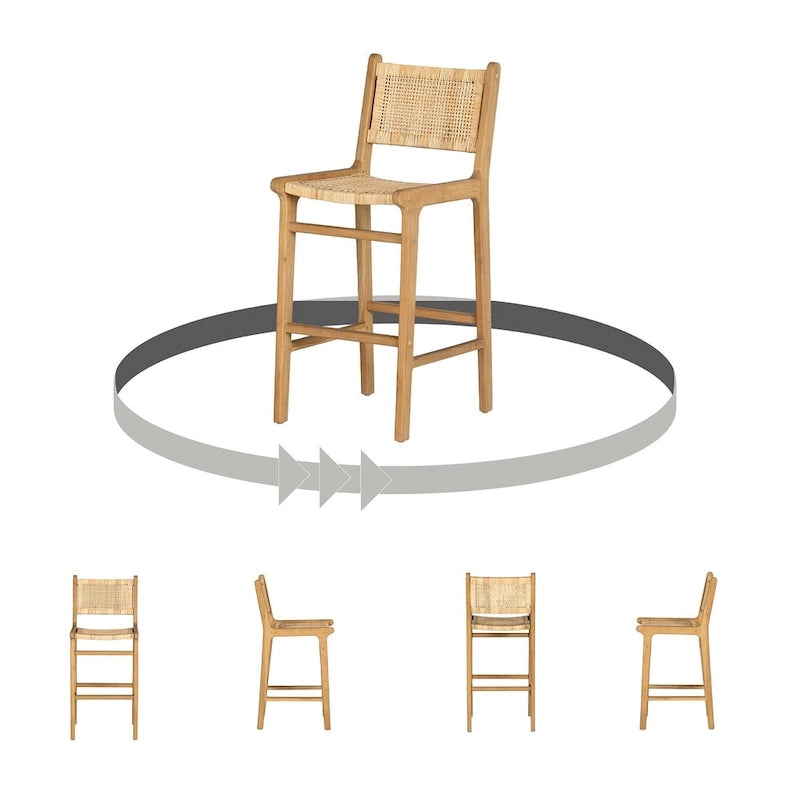 Rattan Boho Bar Stools with Footrest, Set of 2