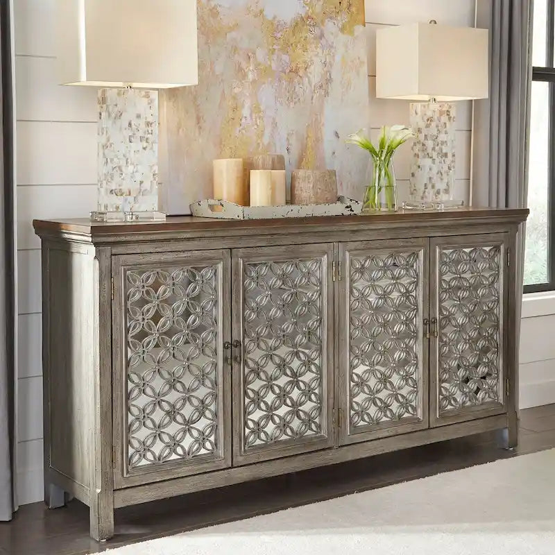 Wirebrushed Gray 4 Door Mirrored Accent Cabinet
