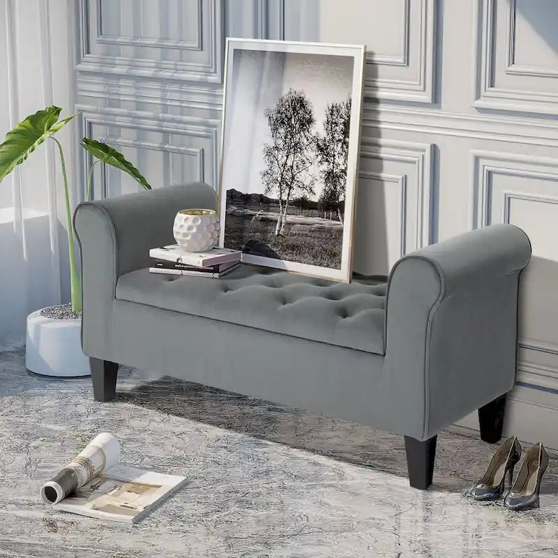 Button-Tufted Storage Ottoman Bench with Rolled Armrests
