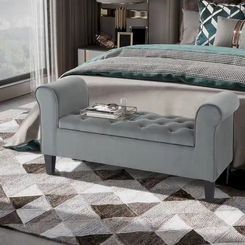Button-Tufted Storage Ottoman Bench with Rolled Armrests