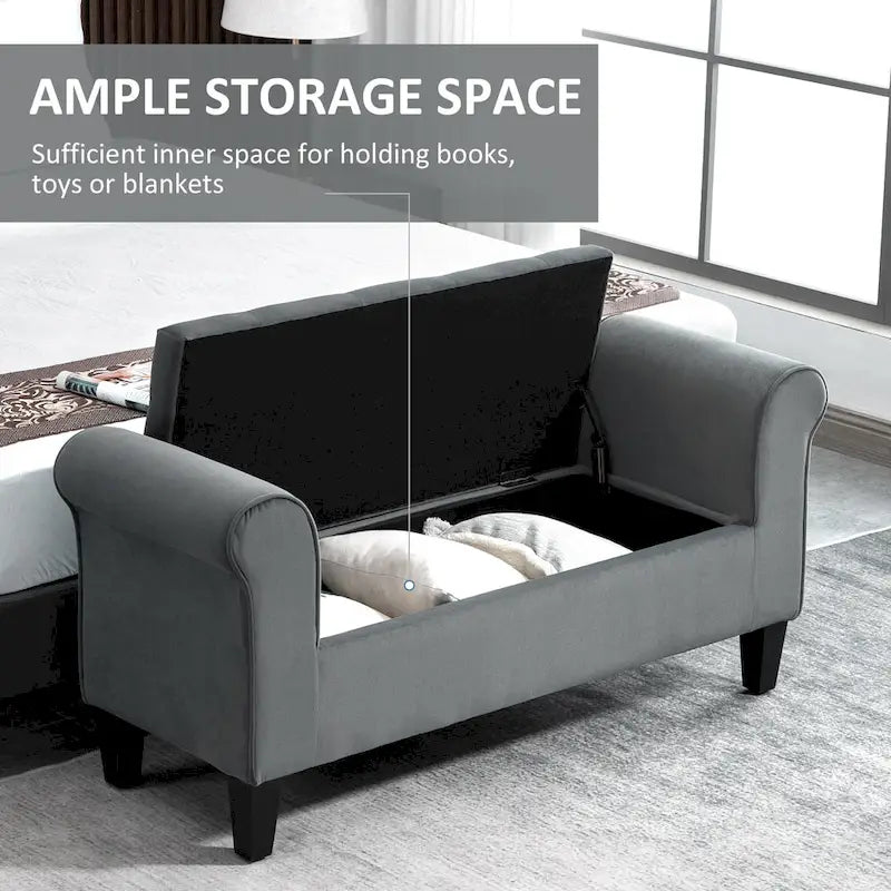 Button-Tufted Storage Ottoman Bench with Rolled Armrests