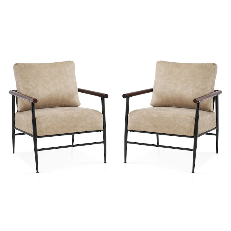 Set of 2 Modern Accent Armchairs, Leathaire Fabric with Carbon Steel Legs