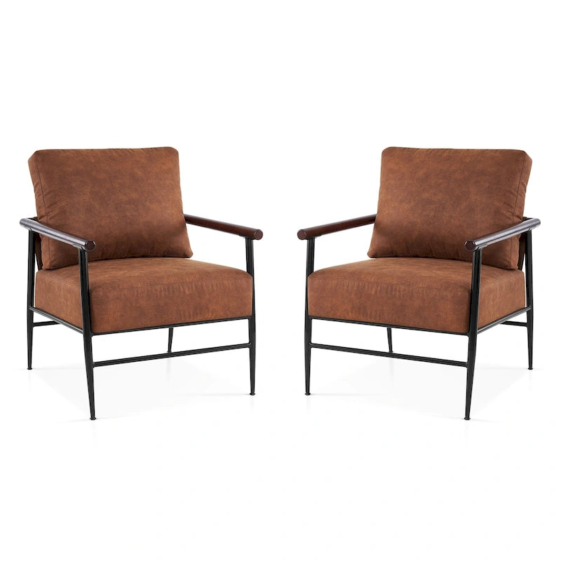Set of 2 Modern Accent Armchairs, Leathaire Fabric with Carbon Steel Legs