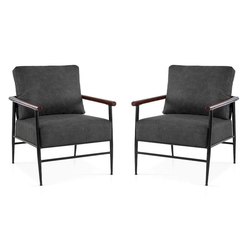 Set of 2 Modern Accent Armchairs, Leathaire Fabric with Carbon Steel Legs