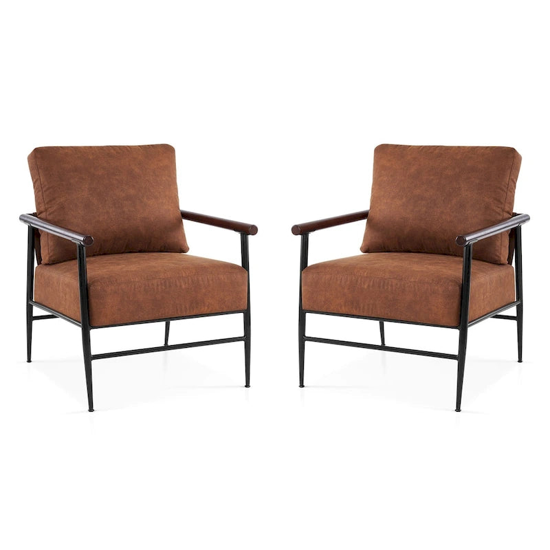 Set of 2 Modern Accent Armchairs, Leathaire Fabric with Carbon Steel Legs