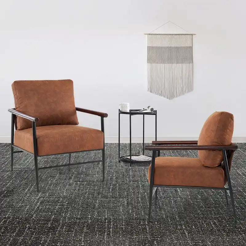 Set of 2 Modern Accent Armchairs, Leathaire Fabric with Carbon Steel Legs