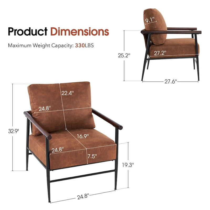 Set of 2 Modern Accent Armchairs, Leathaire Fabric with Carbon Steel Legs