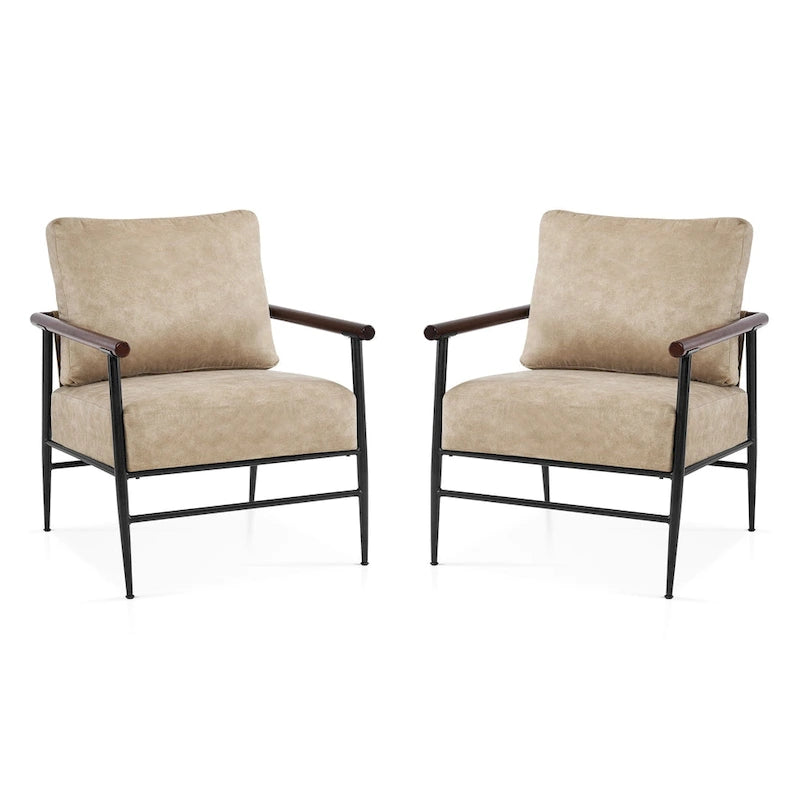 Set of 2 Modern Accent Armchairs, Leathaire Fabric with Carbon Steel Legs