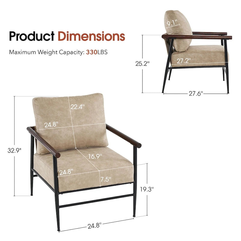 Set of 2 Modern Accent Armchairs, Leathaire Fabric with Carbon Steel Legs