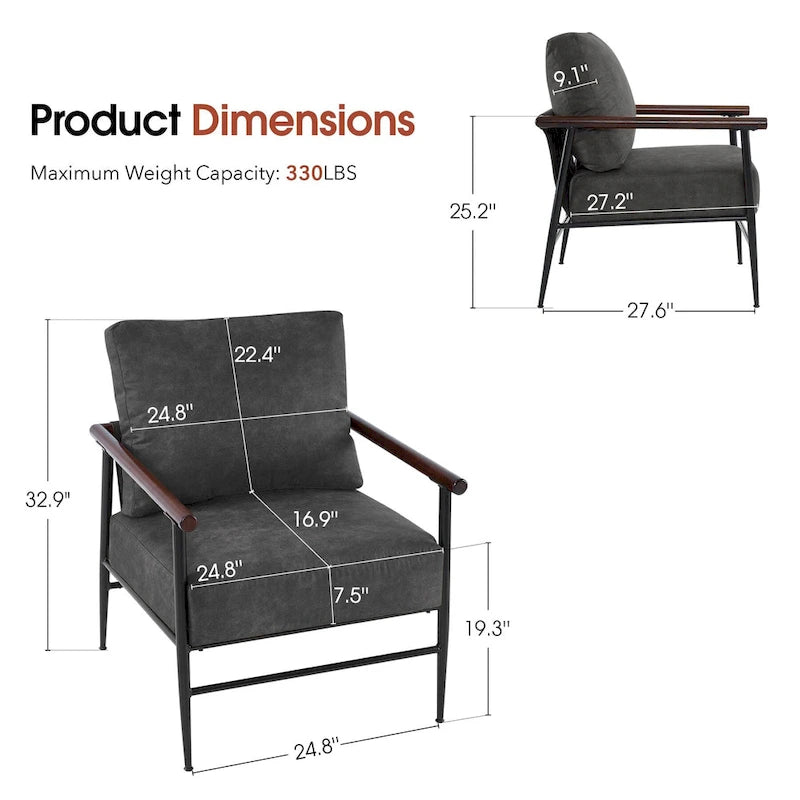 Set of 2 Modern Accent Armchairs, Leathaire Fabric with Carbon Steel Legs
