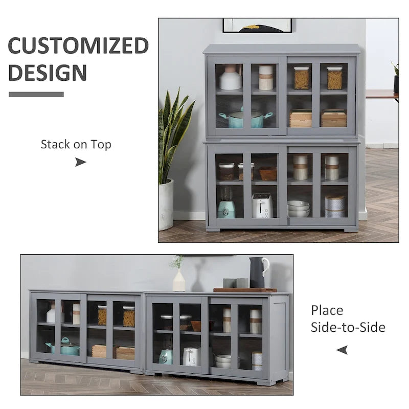 Modern Kitchen Sideboard, Stackable Storage Cabinet with Sliding Glass Door