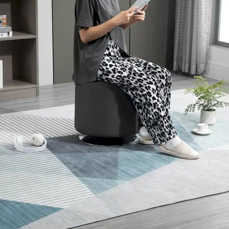 360-Degree Swivel Round PU Ottoman with Thick Sponge Padding and Solid Steel Base