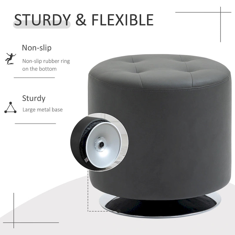 360-Degree Swivel Round PU Ottoman with Thick Sponge Padding and Solid Steel Base